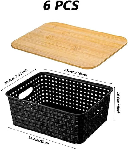 6 pcs Storage Bins with Bamboo Lids - Plastic Storage Containers with Lids Stackable Storage Box Baskets for Organizing Shelves Drawers Desktop Closet Office
