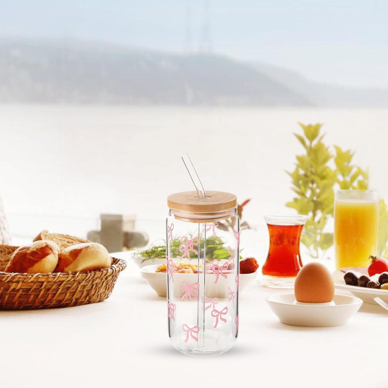 Garneck Cute Glass Cups with Lids and Straws Capacity Bow Cups for and Adults Ideal for Juice