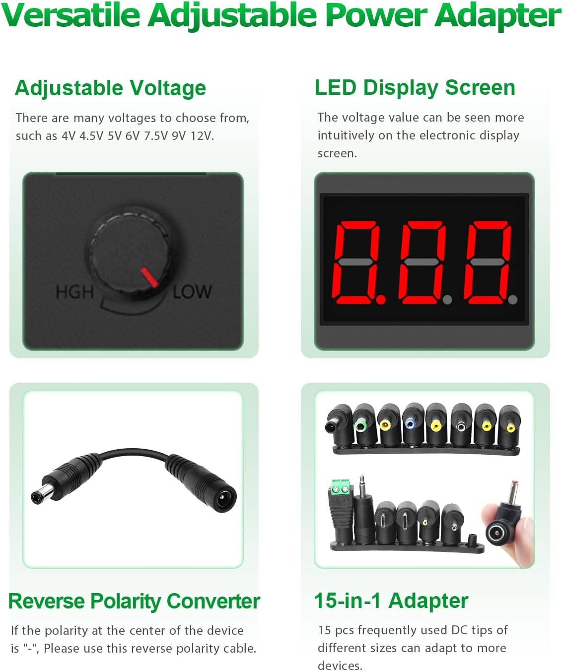 Arkare 36W Universal AC Adapter 12V 3A Variable Power Supply Adapter AC 100-240V to DC 3V 5V 4.5V 6V 9V 12V 3A 2A 1.5A 1A 0.5A Adjustable Switching Multi Voltage Power with 15 Tips+ Polarity Converter