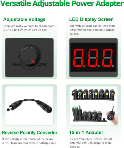 Arkare 36W Universal AC Adapter 12V 3A Variable Power Supply Adapter AC 100-240V to DC 3V 5V 4.5V 6V 9V 12V 3A 2A 1.5A 1A 0.5A Adjustable Switching Multi Voltage Power with 15 Tips+ Polarity Converter