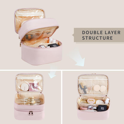 Onilife Double Layer Travel Makeup Bag, Portable Cute Cosmetic Bag Large Make Up Organizer Case Toiletry Bag for Women Girls with Handle and Removable Divider, Pink