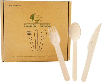 Disposable Wooden Cutlery Set, 150 Pcs Natural Birch Wood Mixed Cutlery - 50 Wood Knife 50 Wooden Fork 50 Wooden Spoons, Perfect Alternative for Plastic