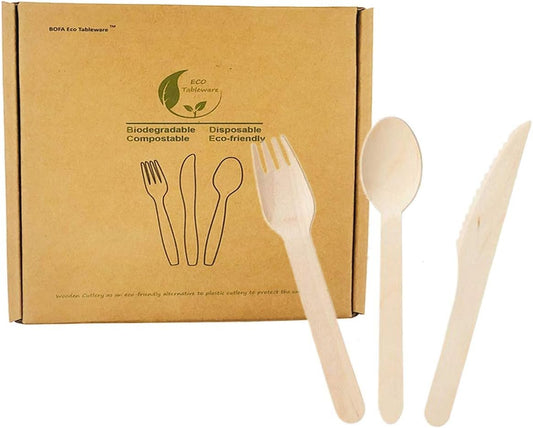 Disposable Wooden Cutlery Set, 150 Pcs Natural Birch Wood Mixed Cutlery - 50 Wood Knife 50 Wooden Fork 50 Wooden Spoons, Perfect Alternative for Plastic