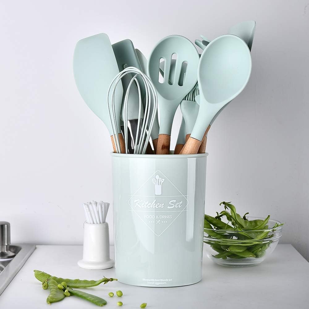 Kitchen Utensils Set for Cooking : 13 Pieces Silicone Wood Handle Kitchen Spatula Set - Heat Resistant Kitchen Gadgets Tools for Non-Stick Cookware(Green)