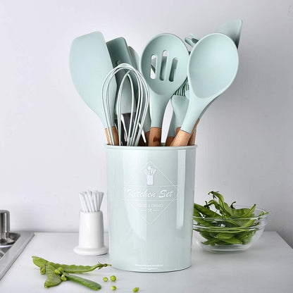 Kitchen Utensils Set for Cooking : 13 Pieces Silicone Wood Handle Kitchen Spatula Set - Heat Resistant Kitchen Gadgets Tools for Non-Stick Cookware(Green)