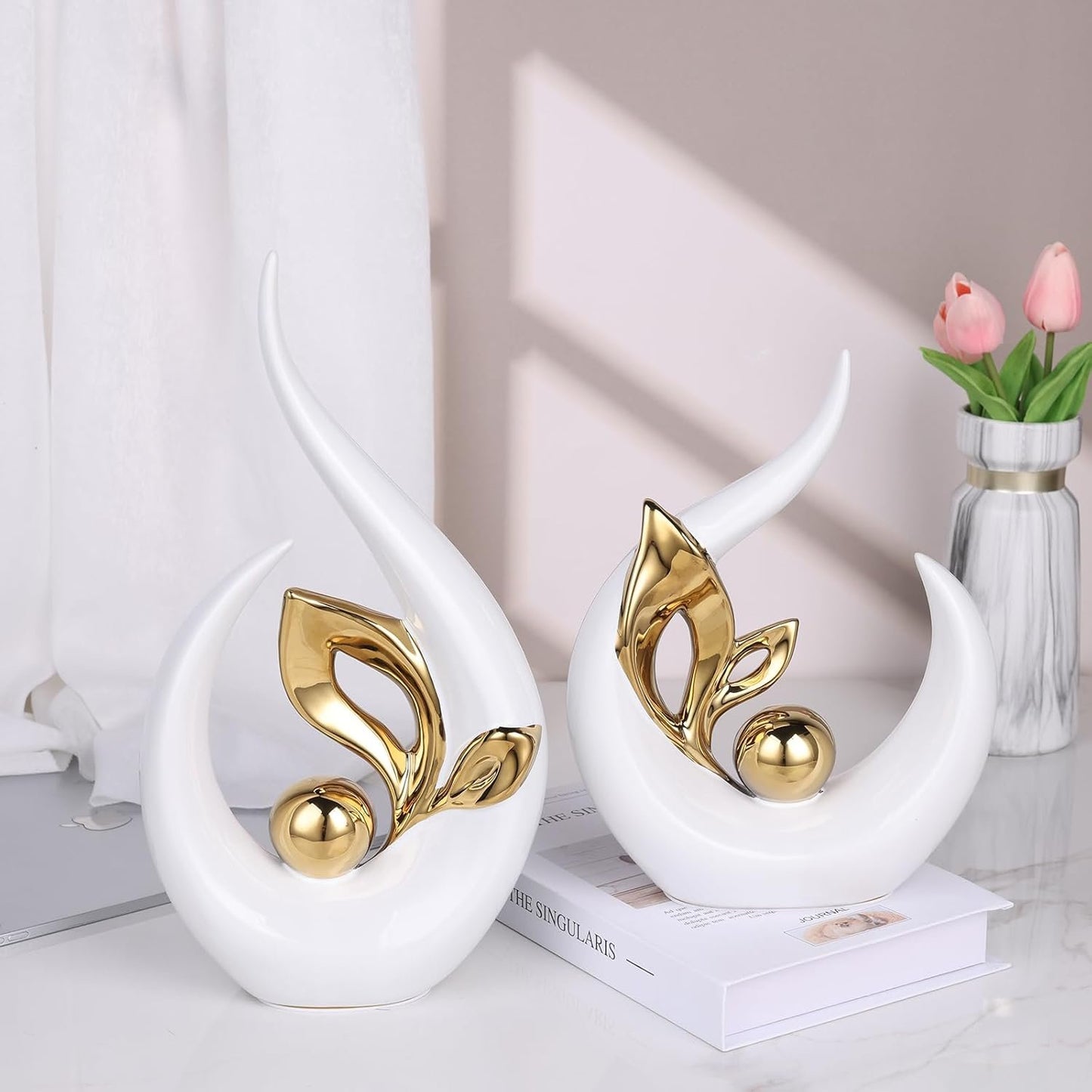 LCCCK Modern Abstract White and Gold Ceramic Sculptures- Home Decor Design Ornaments, Decorative Statues for Living Room, Elegant Modern Centerpiece for Table and TV Cabinet, Set of 2