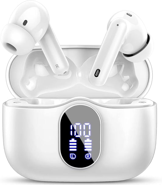 Wireless Earbuds, Bluetooth Headphones 5.4 HiFi Stereo, Wireless Earphones with ENC Noise Cancelling Mic, IP7 Waterproof in Ear Headphones, LED Digital Display Ear Buds, Touch Control, White