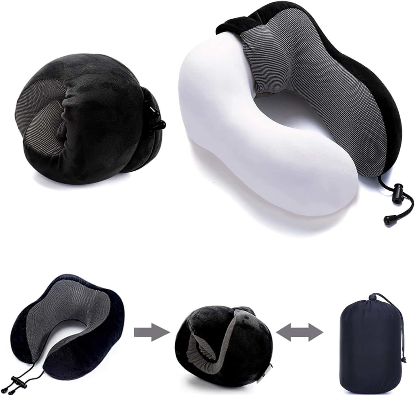 ZHCHG 2 Pack Travel Pillow, Best Memory Foam Neck Pillow for Airplane, Head Support Comfortable Pillow for Sleeping Rest, Train, Car & Home Use -Black