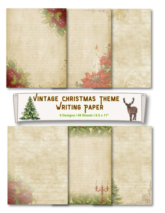 48 Sheets Vintage Christmas Theme Writing Paper: Letter Size Ruled Stationery, Aged Looking Letterhead Paper, Holly Headed Notepaper: 6 Unique Designs, 8.5 x 11 Inch