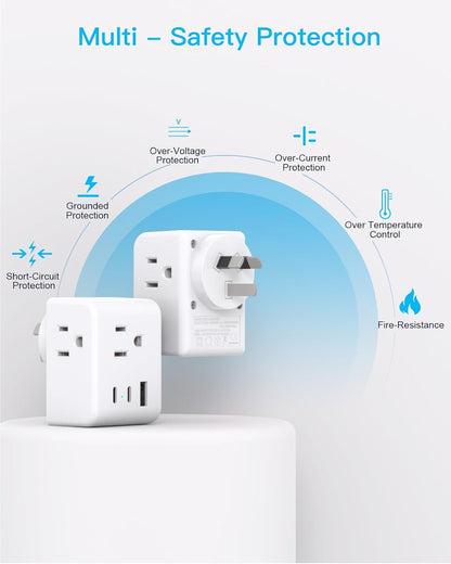 Australia New Zealand Power Plug Adapter, Canada to Australia Travel Adapter with 3 Outlets 3 USB Charging Ports (2 USB C), Type I International Power Plug Adapter