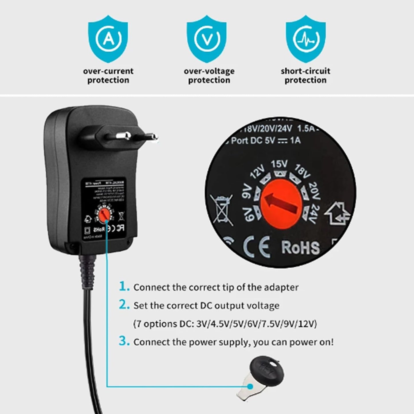 ZJSTRO Universal Power Supply 41W 6V 9V 12V 15V 18V 20V 24V AC/DC Switching Adapter with 8 DC Tips for Home Electronics LED BT Routers CCTV Cameras TV Box