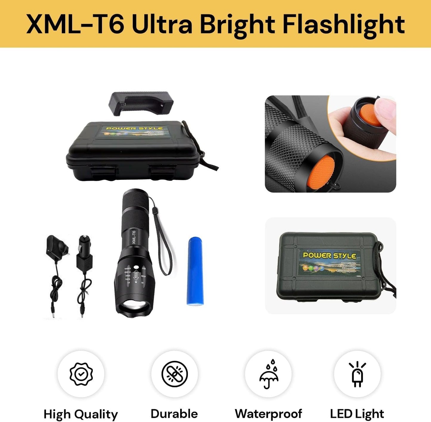 EZONEDEAL Rechargeable Flashlights High Lumens, Bright Led Torch Flash Light XML T6, Tactical Flashlight Zoomable 5 Lighting Mode Handheld Torches, Rechargeable Torch Light for Outdoor Indoor Camping