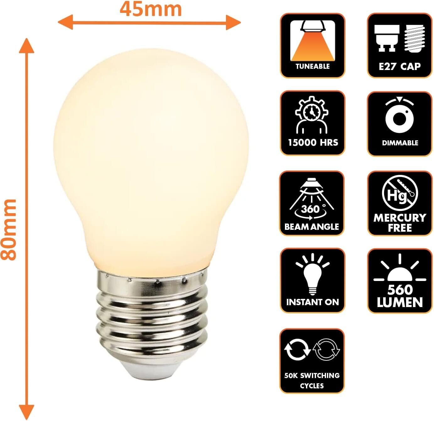Nordlux Smart G45 Mini Globe Frosted LED Light Bulb, Dimmable, E27, 4.7W, 560 Lumens, Tuneable White 2200K-6500K, Alexa and Google - 6 Pack