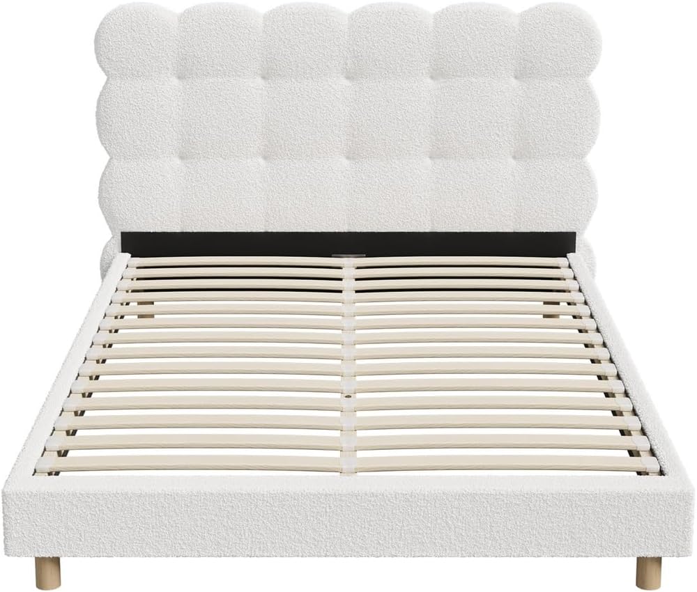 Oikiture Double Bed Frame Boucle Mattress Platform Bed Base White