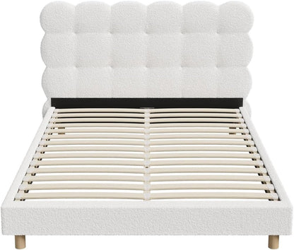 Oikiture Double Bed Frame Boucle Mattress Platform Bed Base White
