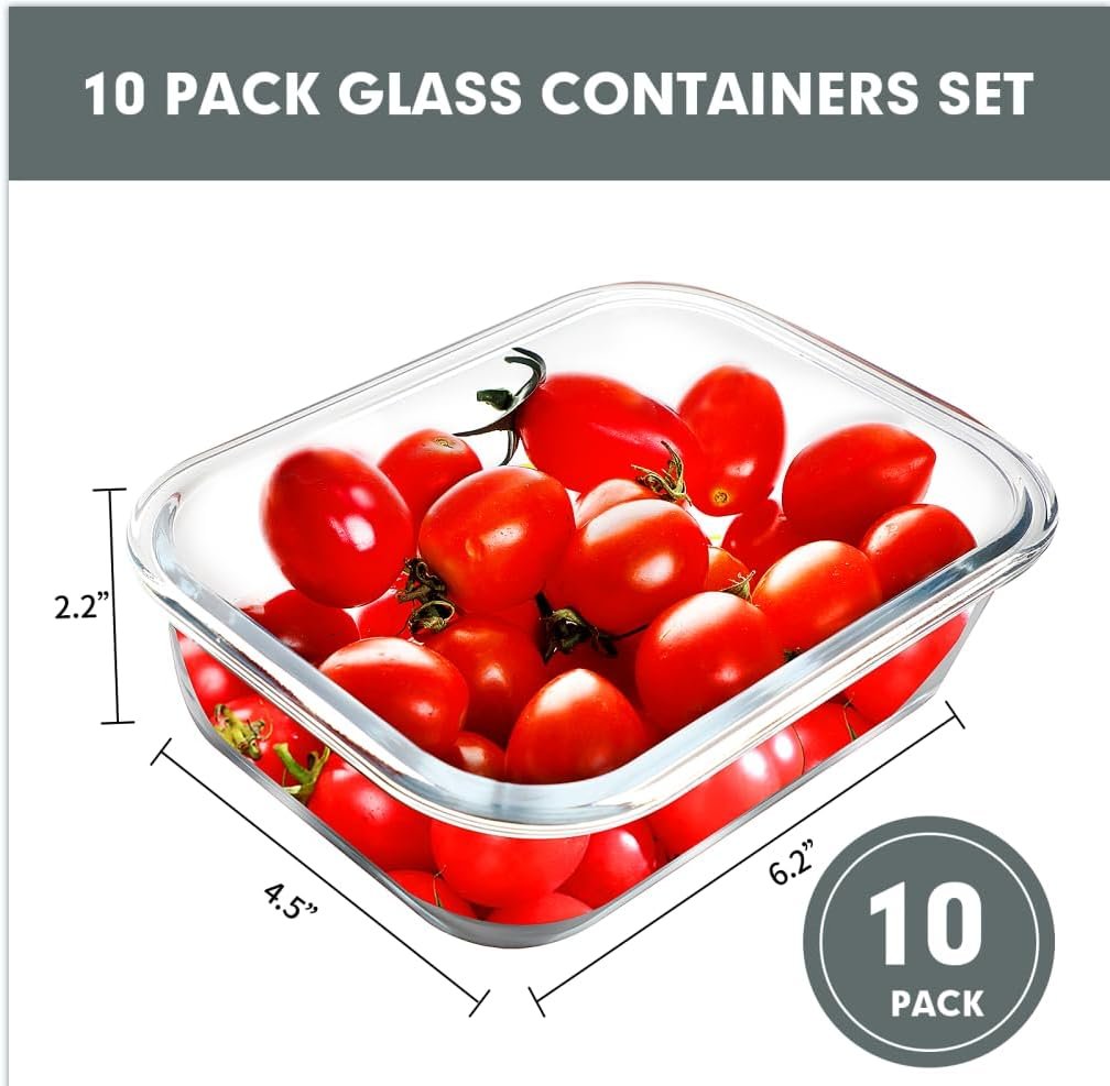 VERONES 10 Pack 22 OZ Glass Meal Prep Containers, Airtight Glass Lunch Containers Set, Glass Food Storage Containers with Lids,Exclusive of BPA, for Microwave, Oven, Freezer & Dishwasher Friendly,Grey