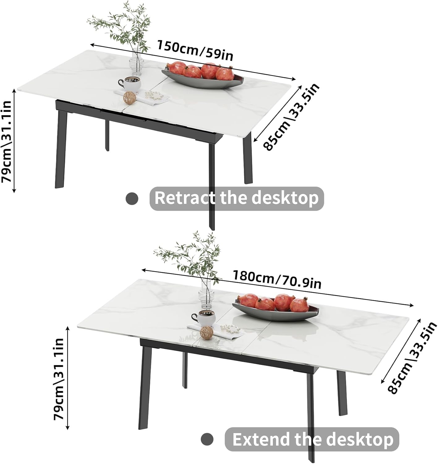 Extendable Dining Table Sintered Stone: Rectangular Kitchen Room Table Stretchable 150cm - 180cm Snow Mountain White Marble Texture Leaves Tables 6-8 Seater with Flat-Sided Oval Steel Legs