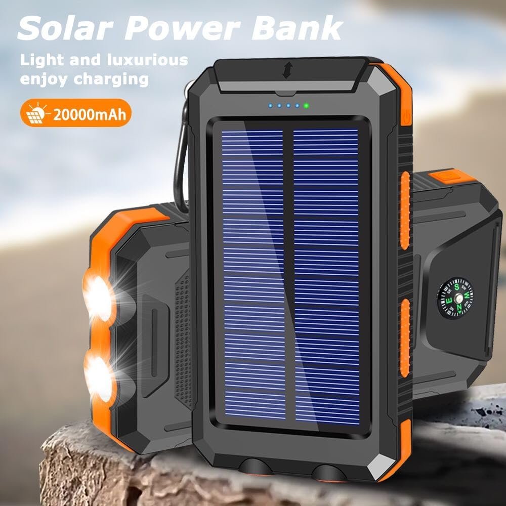 HELIOS PRO Solar Charger Power Bank - 20000mAh 74Wh, Qc 3.0 Fast Charging Portable Charger External Battery Pack 5V2.4A, Super Bright Flashlight, Phone, Tablet, USB C, Panel, Camping Outdoors (Orange)