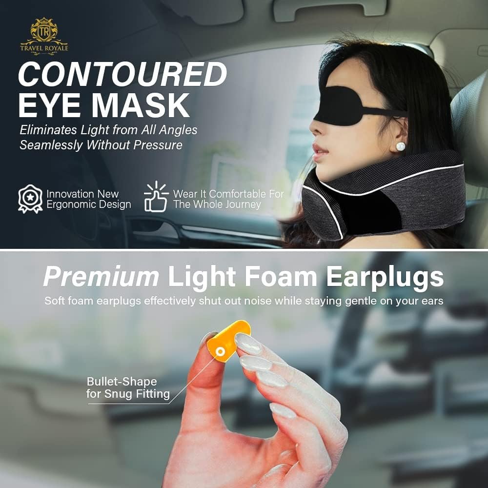 Travel Royale Neck Pillow Head, Chin, Neck 360° Support Pillow Adjustable 100% Pure Memory Foam Pillow for Airplanes, Car & Home, Ergonomic Design Full Neck Surround Bundle Eyecover & Earplugs (Black)