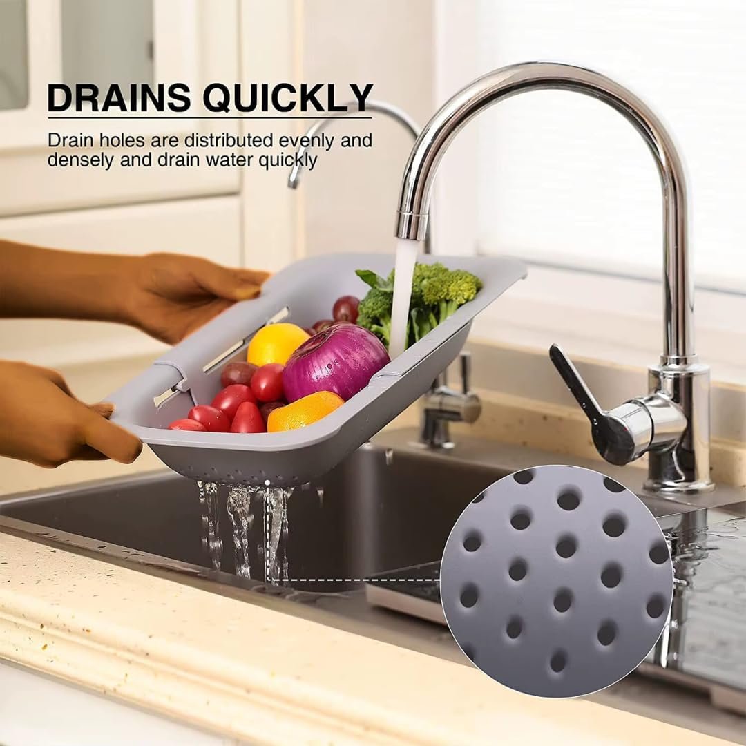 3 in 1 Pack Kitchen Sink Colander Strainer Basket, Home Apartment Kitchen Essentials, Fruit and Vegetable Colander, strainers and colanders, Food Strainer, Extendable Colander Strainer Basket - Grey