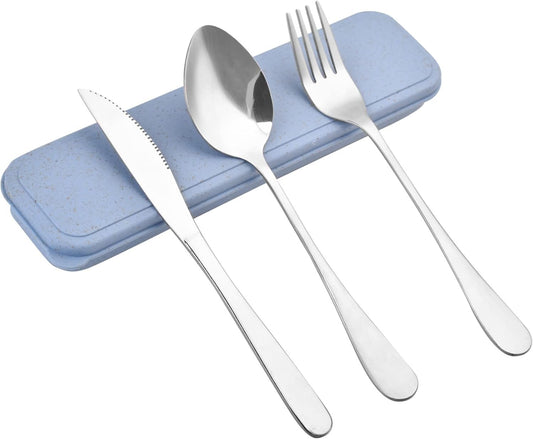Travel Silverware Set with Case, Reusable Utensils Set with Case, Portable Spoon Knife Fork Lunch Box Travel Cutlery Set for Kids Adults (Blue)