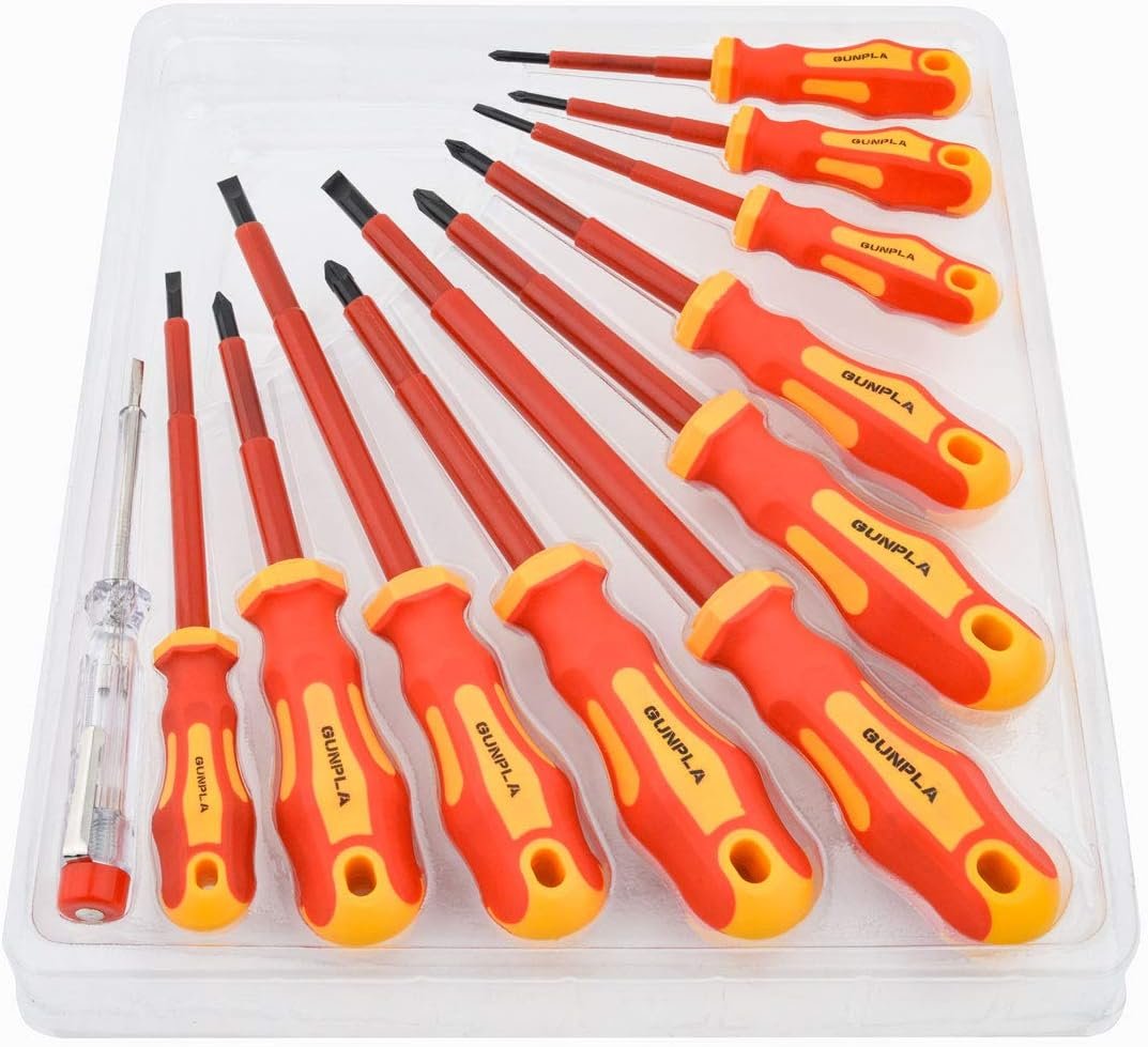Gunpla 11 Pieces VDE Insulated Screwdriver Set, 1000V with Black Tip Magnetic, TPR Handle Electrician Soft-Grip Slotted Phillips and Pozi Tools with Safety Tester for Electrician Repair