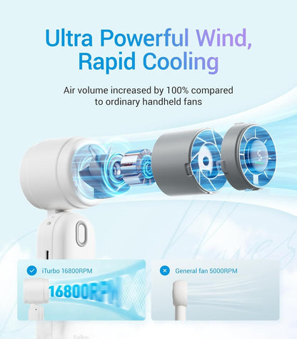 Diveblues iTurbo Handheld Turbo Fan, Mini Foldable Portable Rechargeable Battery Hand Fans, 5 Gear High Speeds Led Display,Powerful Airflow, Small Fan Travel Essentials Beach, Outdoor, Work