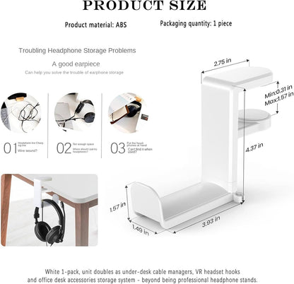 Headphone Headset Headphones Stand Holder Hook Hanger Office Gaming Under Desk Accessories Organizers Adjustable, White