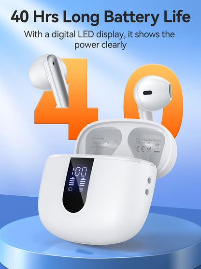 Wireless Earbuds, 2025 Bluetooth 5.3 Headphones HiFi Stereo with 4 HD Mic, 40H Playtime Bluetooth Earbuds with Dual LED Display, IP7 Waterproof Wireless Earphones, Touch Control Ear Buds,USB-C,White