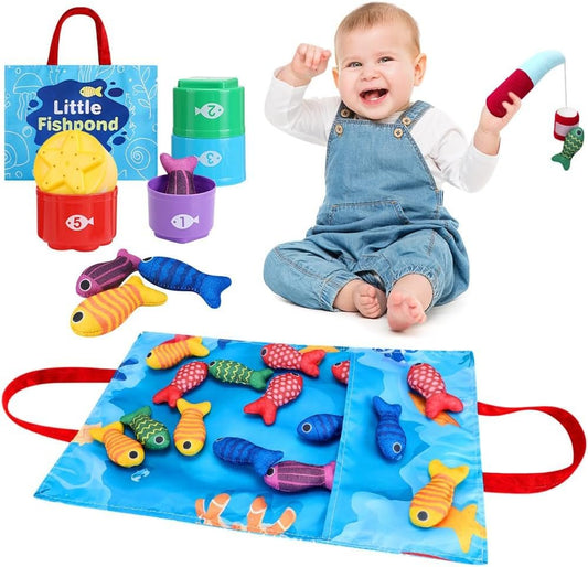 AUTOWT Montessori Cloth Fish Toys, 22 PCS Fishing Game Mat Set with Stacking Cups Toddlers Babies Girls Boys 1-3, Early Education Sensory Toys for Number Counting Color Sorting Shape Learning