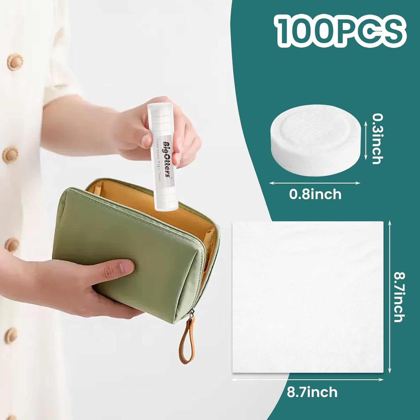 BigOtters Compressed Towels, 100PCS Disposable Face Towels for Travel Expandable Wipes Tablets with 2PCS Tube Containers for Survival Gear and Supplies Outdoors Camping Hiking Hotel