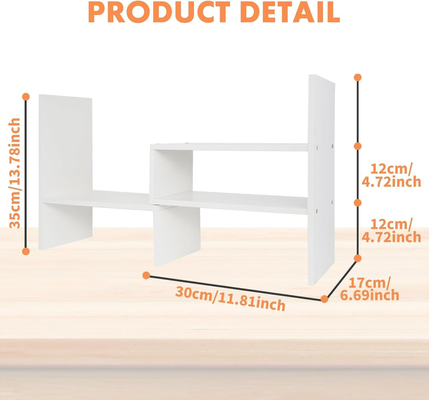 Wood Desktop Organizer, Adjustable Display Shelf Rack for Home Office Desktop Storage Supplies Organization (White)