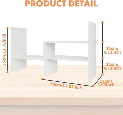 Wood Desktop Organizer, Adjustable Display Shelf Rack for Home Office Desktop Storage Supplies Organization (White)