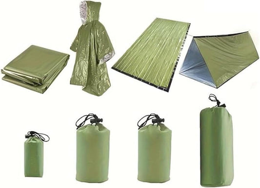 Emergency Shelter Sets, Survival Shelter 1 Survival Tent 1 Mylar Blankets 1 Emergency Sleeping Bag 1 Poncho for Outdoor Carcar Kits, Camping, Hiking