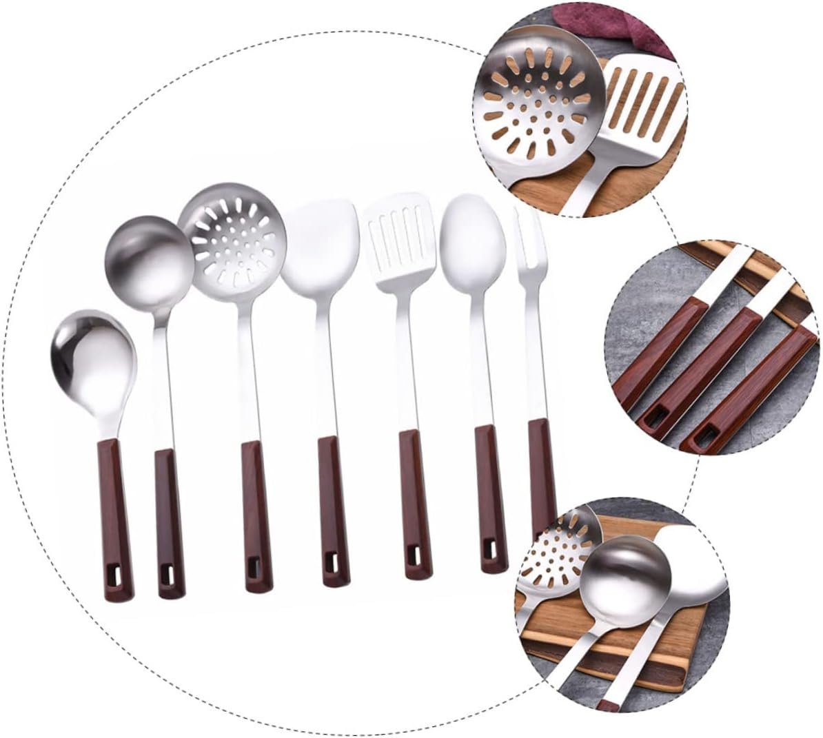 LIFKOME 1 Set 7 Pezzi Set Da Cucina Pezzi Gadget e Utensili Da Cucina Cucchiai Da Minestra Cinesi Pentole Antiaderenti Spatola Wok Pinze Metalliche Acciaio Inossidabile Anti-aderente