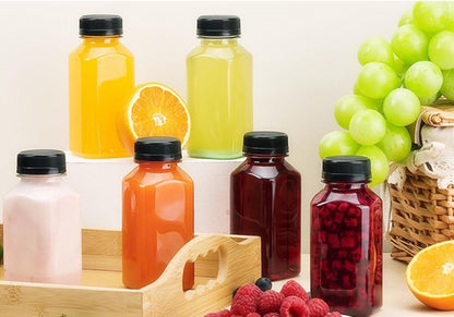 10pcs 4oz Plastic Juice Bottles with Caps Clear Bottles with Label, Funnel and Brush, Bulk Beverage Drink Containers for Mini Fridge, Juicer Shots, Small Water, Milk
