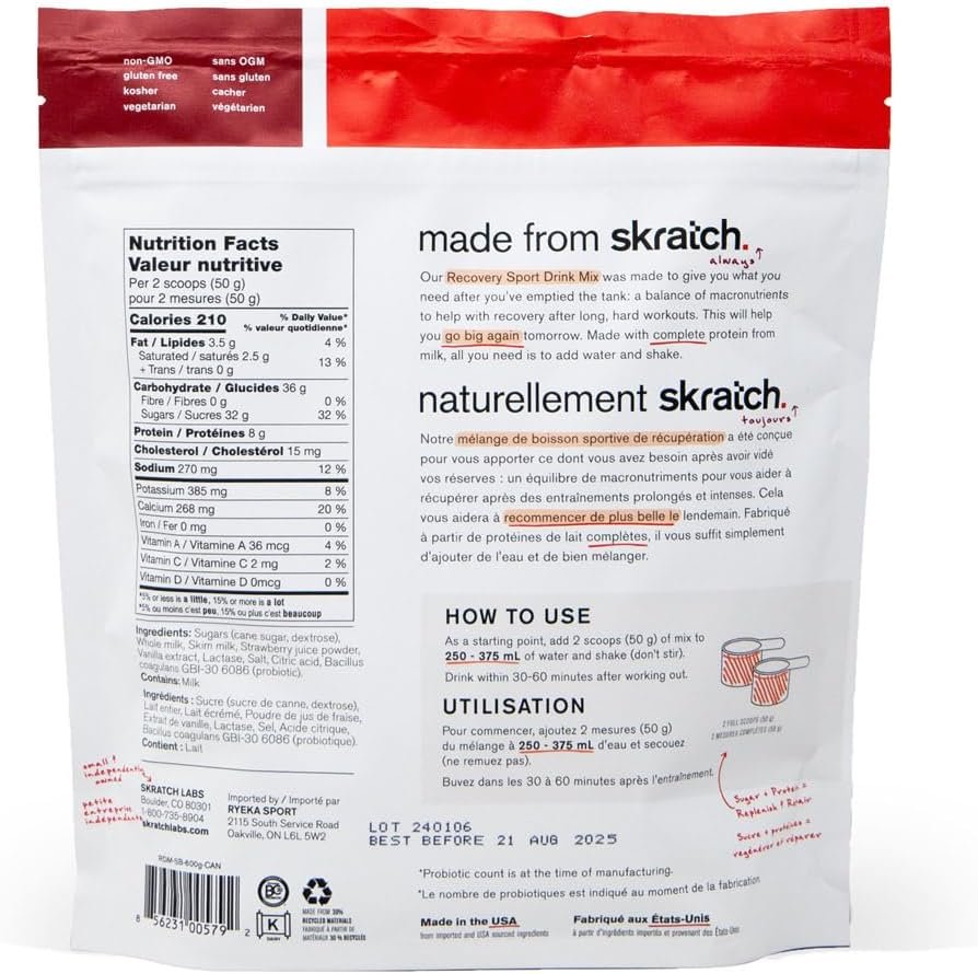SKRATCH LABS Recovery- Sport Drink Mix | Complete Milk Protein with Carbs, Electrolytes, and Probiotics | Post Workout Powder | Strawberries + Cream