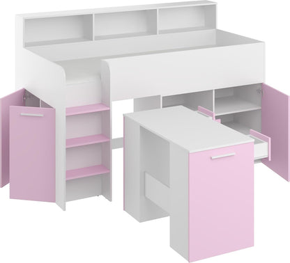 BIM Furniture NEO L Children's Furniture Bunk Bed Set Children's Bedroom Furniture One Bed with Desk, Shelves, Drawers: Left Side (White/Lavender)