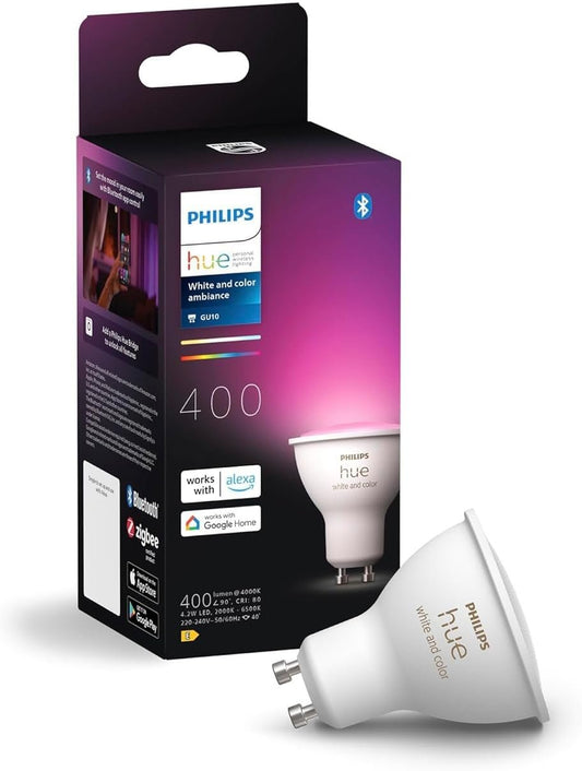 Philips Hue GU10 Smart Lamp, White and Coloured Light, 1 Pack, Bluetooth Compatible, Voice Control with Alexa, Apple Home and Google Assistant