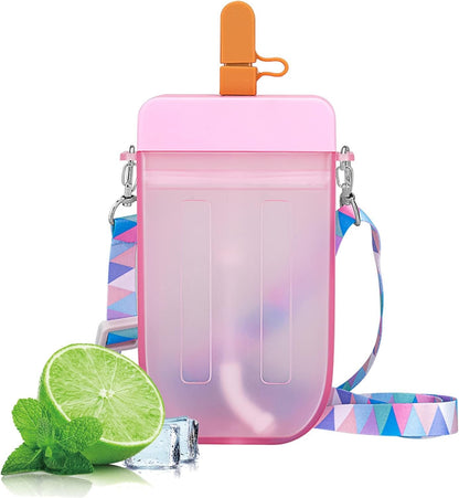 Water Bottles, Popsicle Water Bottle with Straw Cute Ice Cream Drink Bottle Leakproof Plastic juices Drinking Cup 300ml
