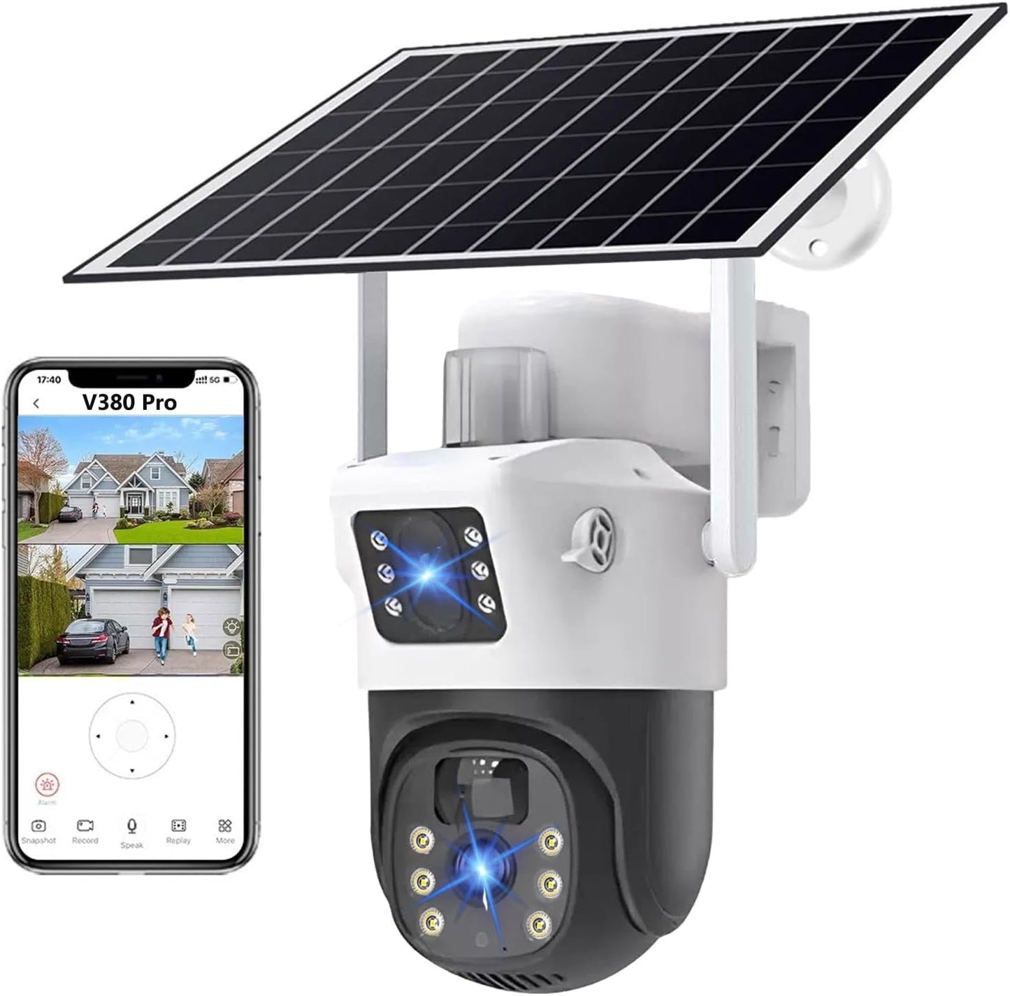 LucZeng Solar Security Cameraã€Dual Lensã€‘,15600mAh Battery WiFi Solar Camera Security Outdoor Wireless 2K, 355Â°P 120Â°T Sound Light Alarm, Colour Night Vision, PIR Motion Detection, 2 Way Talk, IP66