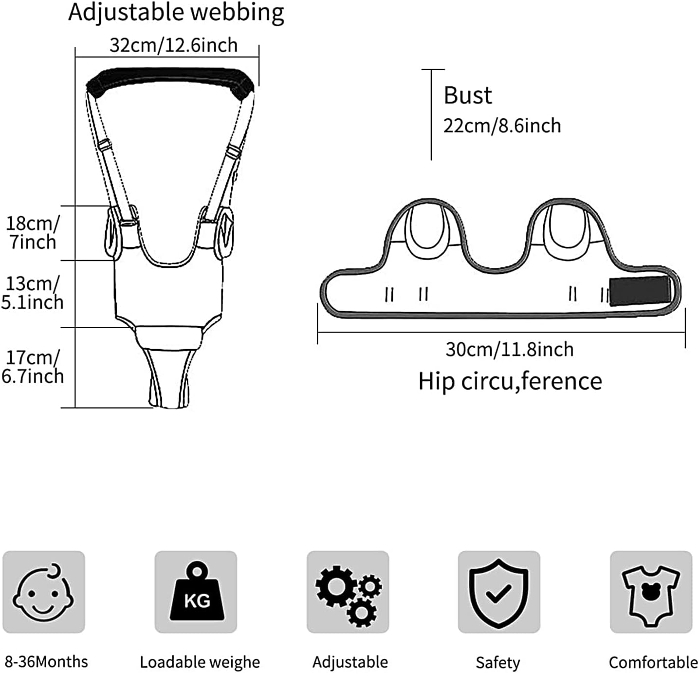 Baby Walking Harness, Adjustable Toddler Safety, 18.9x12.6in Trainer Tool Support, Breathable Carriage, Outdoor Activities for Child 6-36 Months, Stroller, Stepper