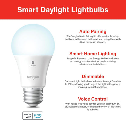 Sengled Alexa Light Bulb, S1 Auto Pairing with Alexa Devices, Smart Light Bulbs that Work with Alexa, Bluetooth Mesh Smart Home Lighting, Daylight 5000K, E26 60W Equivalent, 800LM, 6-Pack