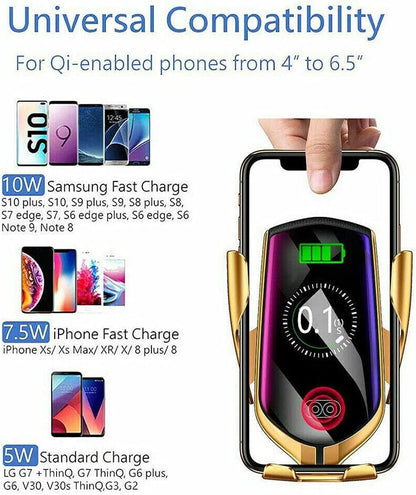 Qi Wireless Charger Car Mount Phone Holder Rack Automatic Clamping Smart Sensor (Black)