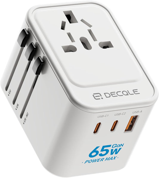 decqle Universal Travel Adapter, International Travel Plug Adapter with 2 USB-C(GaN 65W) ＆ 1 USB-A Ports, All in One Portable Adaptor, for USA, UK, EU, AU ＆ 224+ Countries (White)