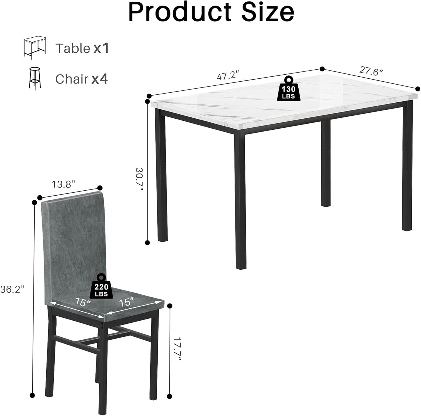 5 Piece DiningTable Set for 4, 47.2 Inch Modern Faux Marble Tabletop Dining Table Set, Kitchen Table Chairs Set with 4 Upholstered Velvet Chairs for Dining Room, Kitchen (Silver)