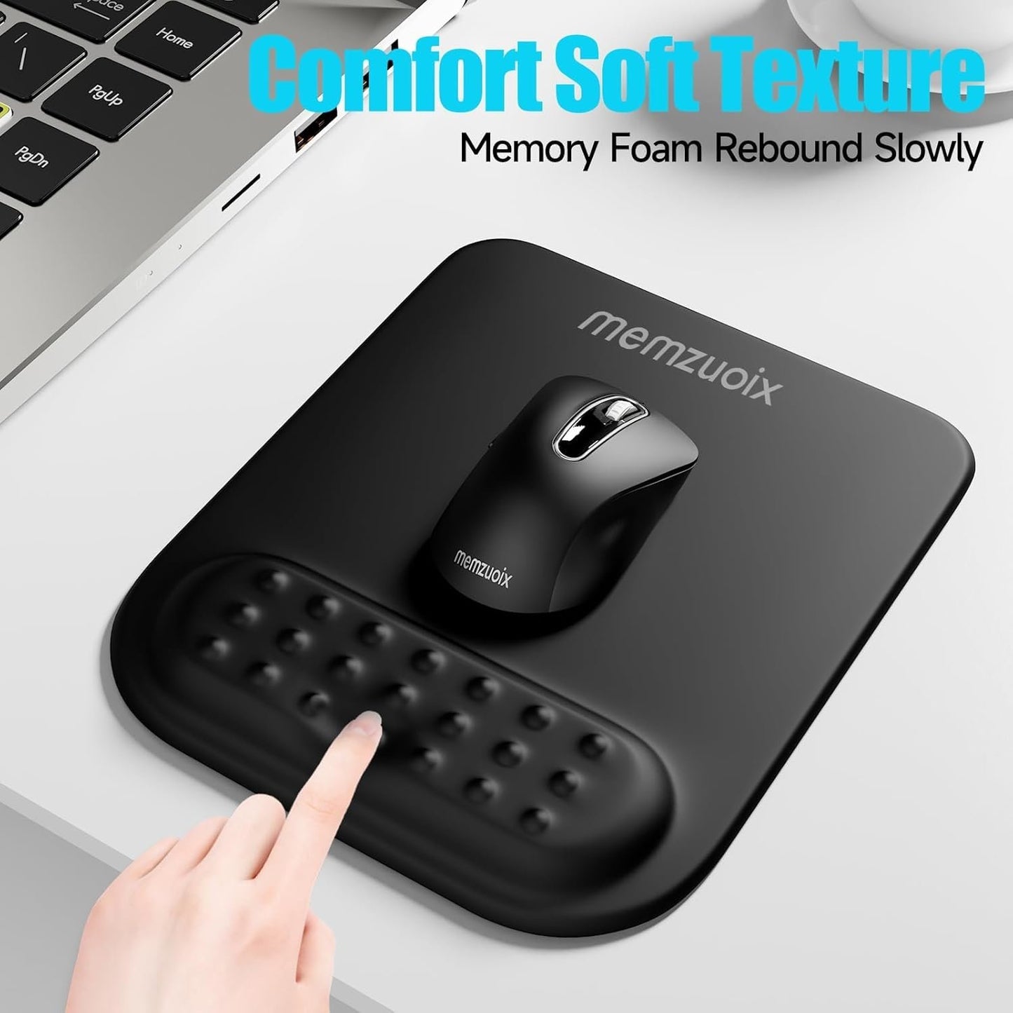 memzuoix Black Ergonomic Mouse Pad with Wrist Rest Support,Premium Memory Foam Cushioning for Pain Relief, Non-Slip PU Base for Stable Smooth Control - Perfect for Laptop, Computer, and Home Office