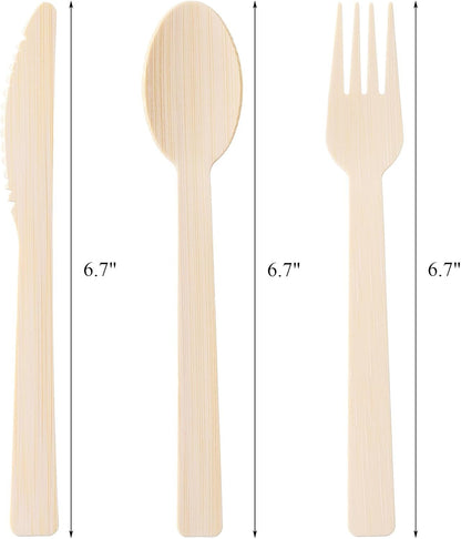 Hedume Set of 300 Natural Bamboo Utensils (100 Forks, 100 Spoons, 100 Knives) Disposable Bamboo Cutlery, Biodegradable and Compostable Bamboo Flatware for Wedding, Camping, Picnic, Party