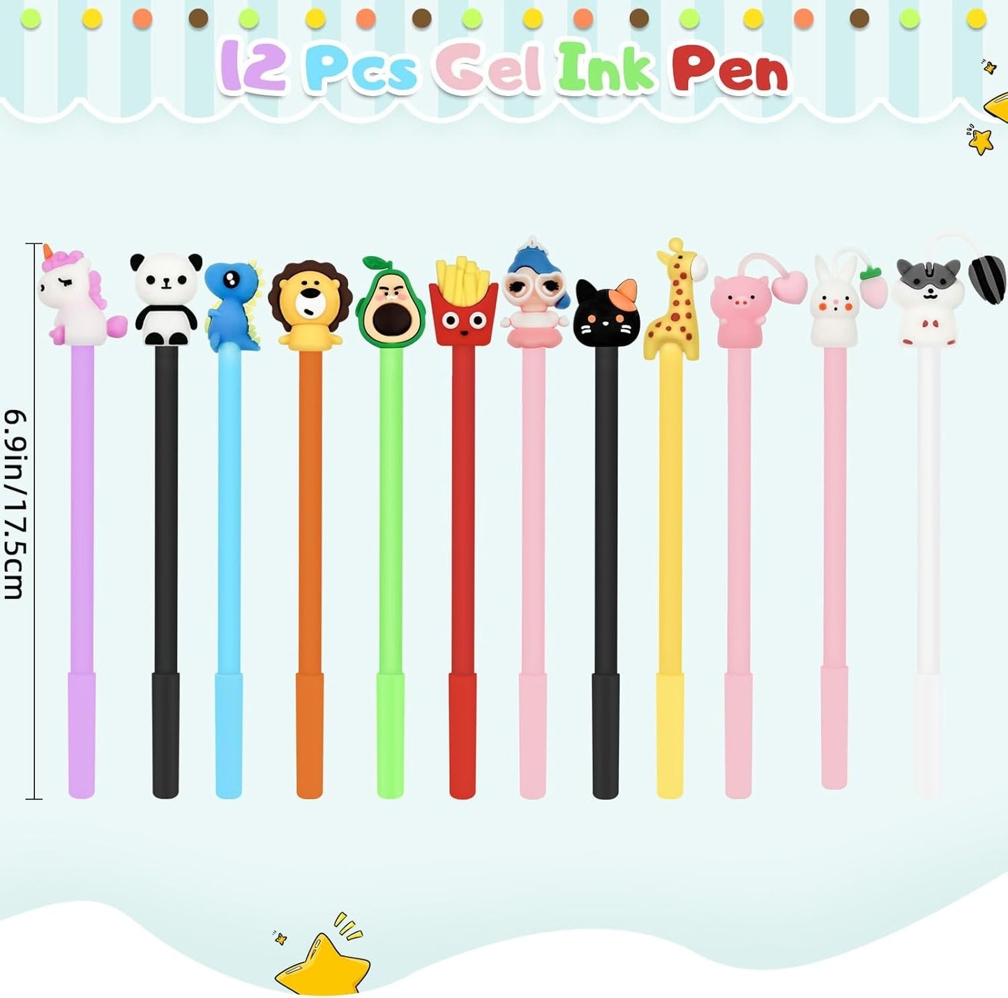 Taefuhnn 12 Pcs Novelty Cute Pens Bulk for Kids Party Bag Fillers, 0.5mm Black Gel Ink Fun Cartoon Ballpoint Pens Bulk for Kids Birthday Return Gifts, Stationery Party Favors, Classroom Supplies