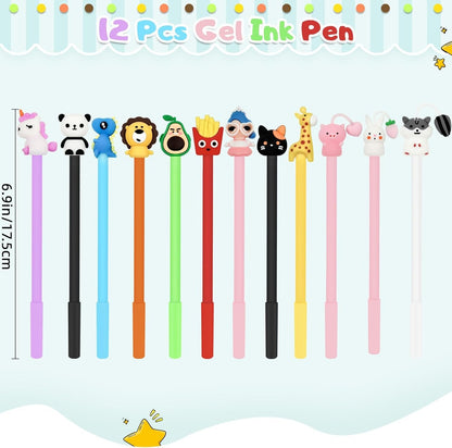 Taefuhnn 12 Pcs Novelty Cute Pens Bulk for Kids Party Bag Fillers, 0.5mm Black Gel Ink Fun Cartoon Ballpoint Pens Bulk for Kids Birthday Return Gifts, Stationery Party Favors, Classroom Supplies
